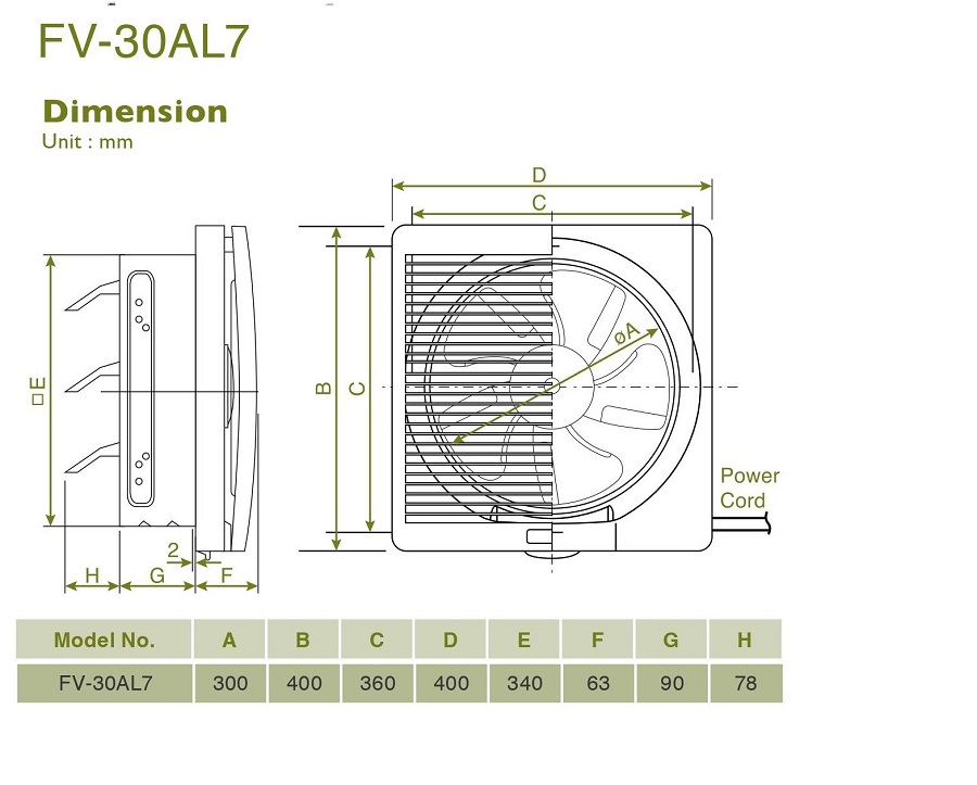 Kích thước quạt hút Panasonic FV-30AL7