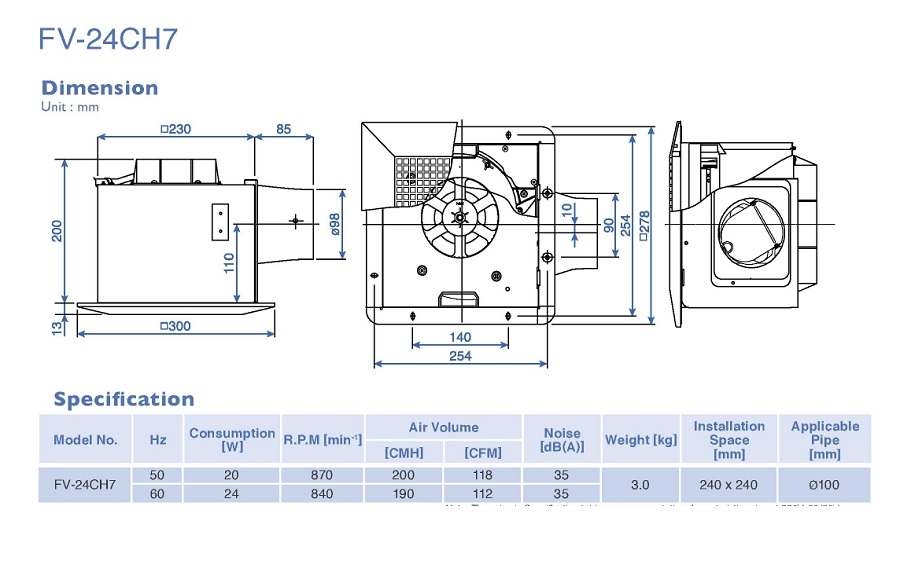Bản vẽ kỹ thuật quạt hút âm trần Panasonic FV-24CH7
