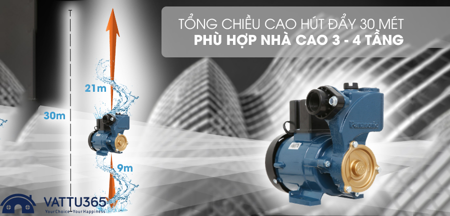 máy bơm nước panasonic gp 200jxk có tổng độ cao hút đẩy 30 mét (hút sâu 9m, đẩy cao lên 21m)