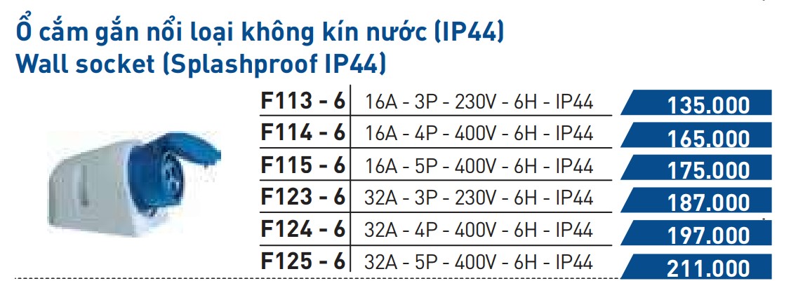 Ổ cắm gắn nổi loại không kín nước (IP44)