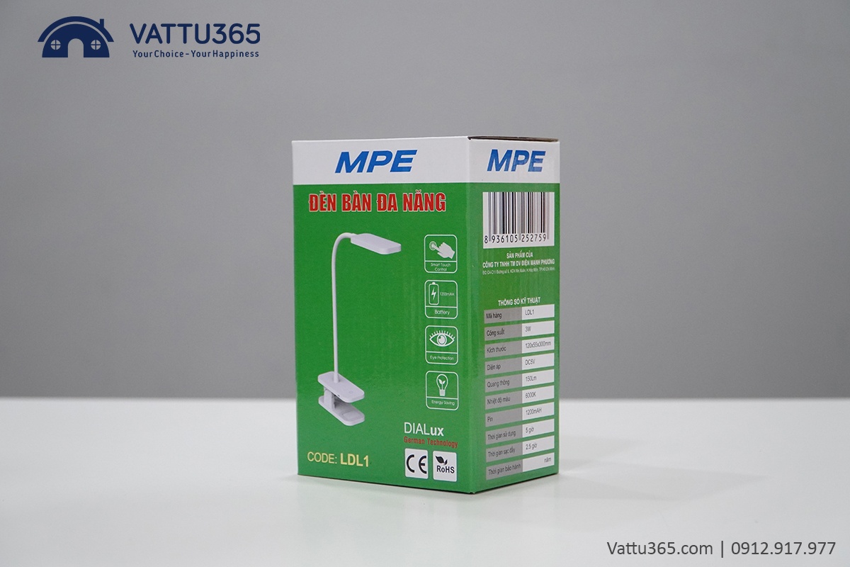 Các thông tin về sản phẩm Đèn bàn kẹp MPE LDL1 được thể hiện chi tiết trên vỏ hộp