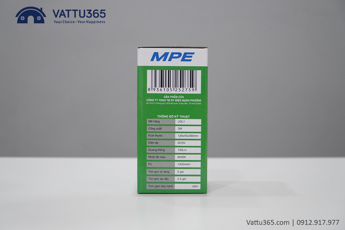 Các thông tin về sản phẩm Đèn bàn kẹp MPE LDL1 được thể hiện chi tiết trên vỏ hộp