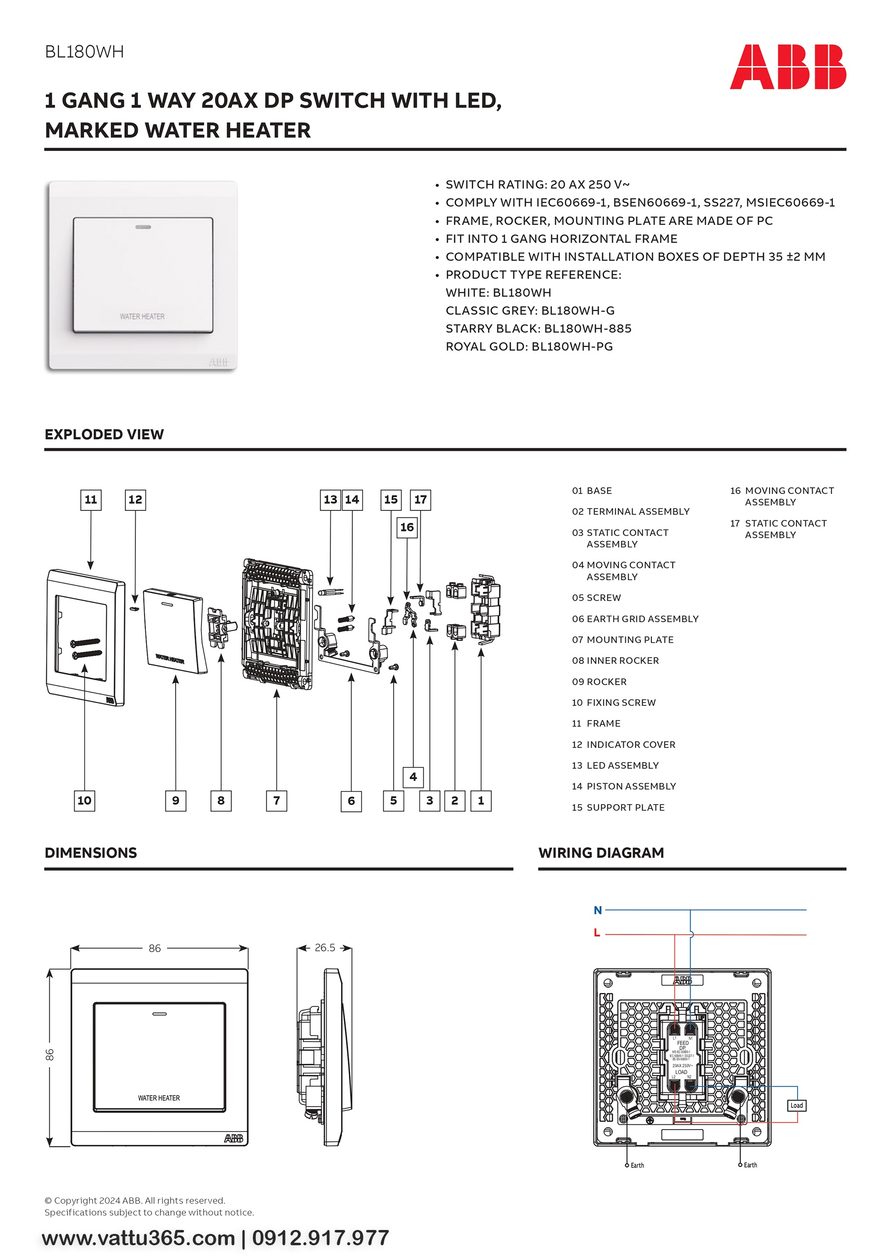 Thông số và bản vẽ kỹ thuật của Công tắc máy nước nóng 2 cực 20AX có đèn LED 2TCZ171014R0070