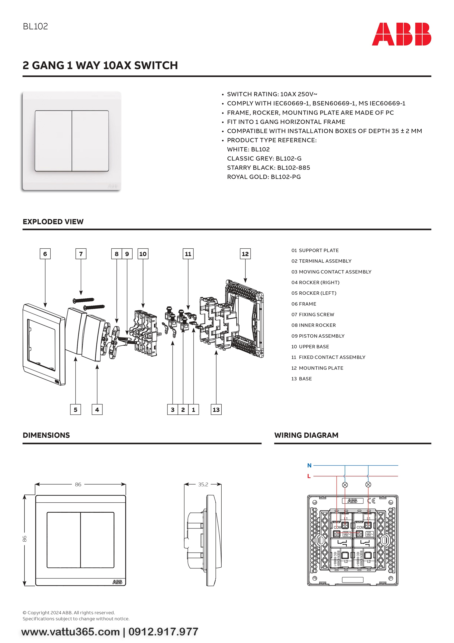 Thông số và bản vẽ kỹ thuật của Bộ công tắc đôi 1 chiều 10AX 2TCZ171003R0030