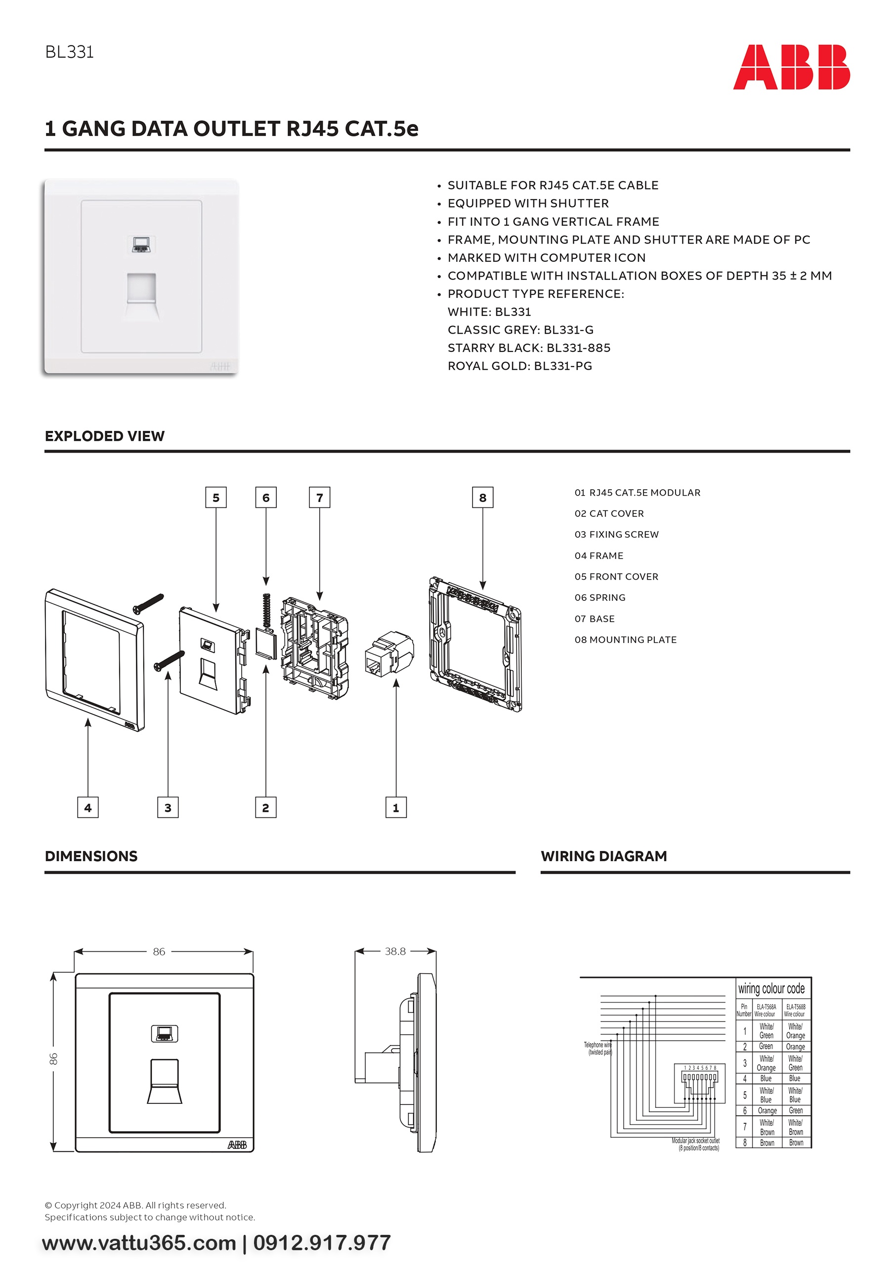 Thông số và bản vẽ kỹ thuật của Bộ ổ cắm mạng đơn RJ45 CAT5e 2TCZ173007R0010