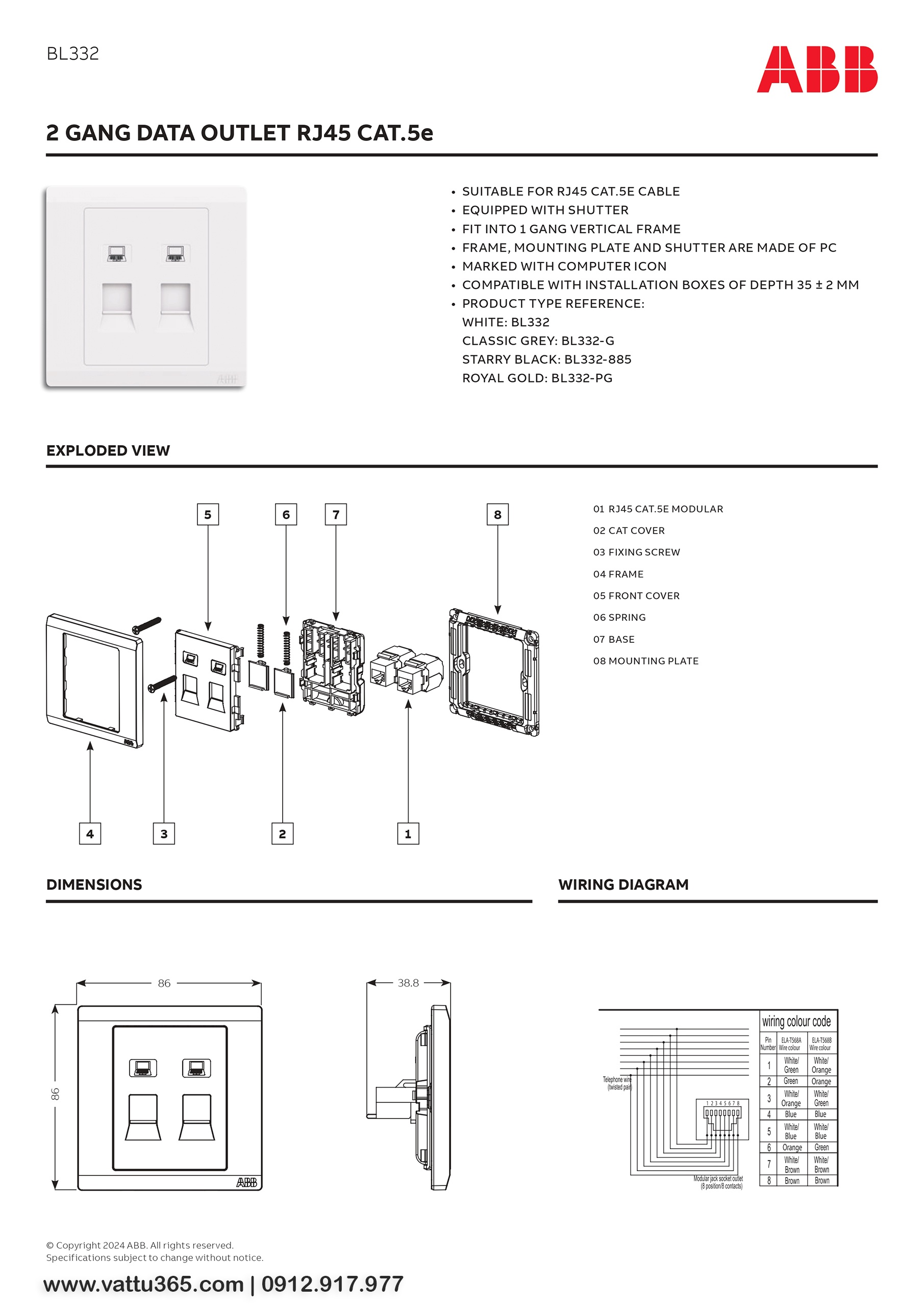 Thông số và bản vẽ kỹ thuật của Bộ ổ cắm mạng đôi RJ45 CAT5e 2TCZ173013R0010