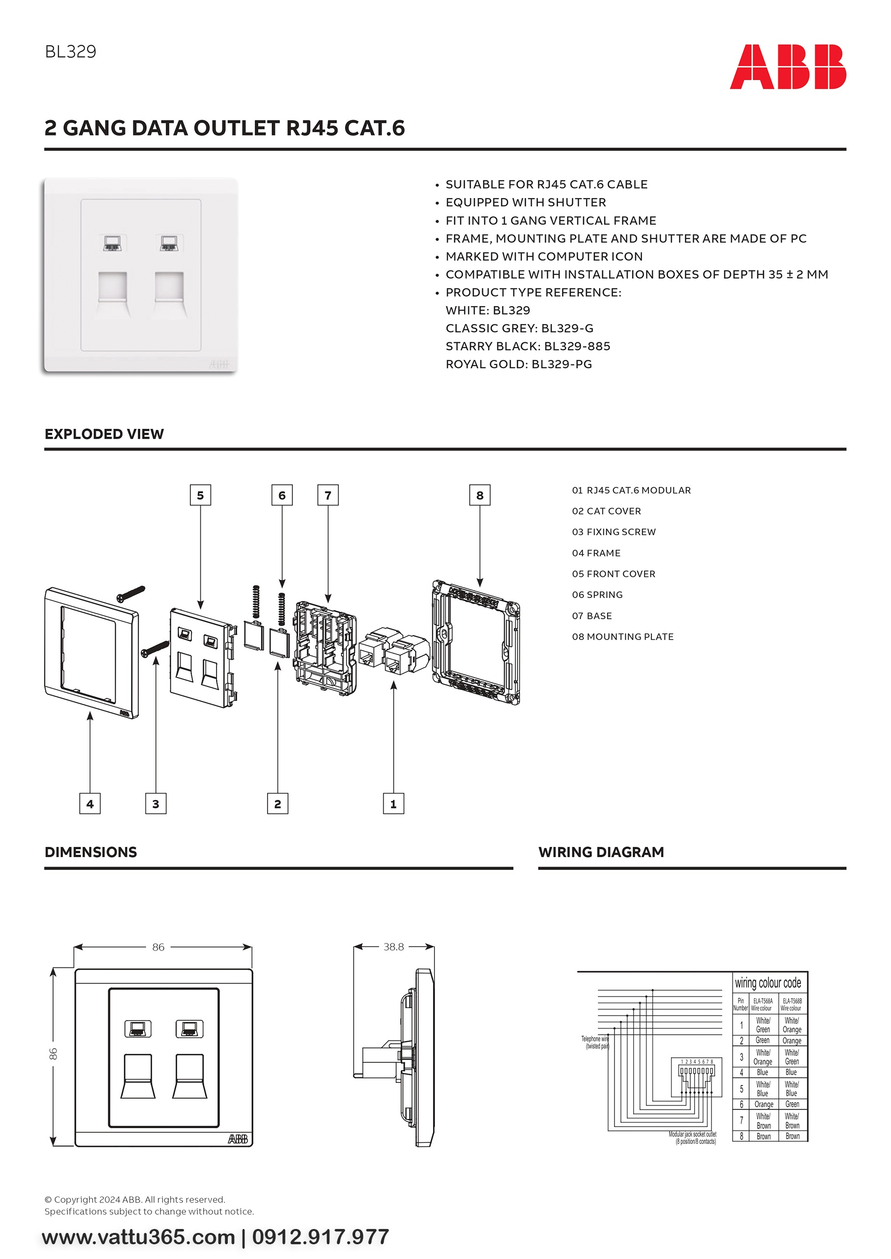 Thông số và bản vẽ kỹ thuật của Bộ ổ cắm mạng đôi RJ45 CAT6 2TCZ173014R0010