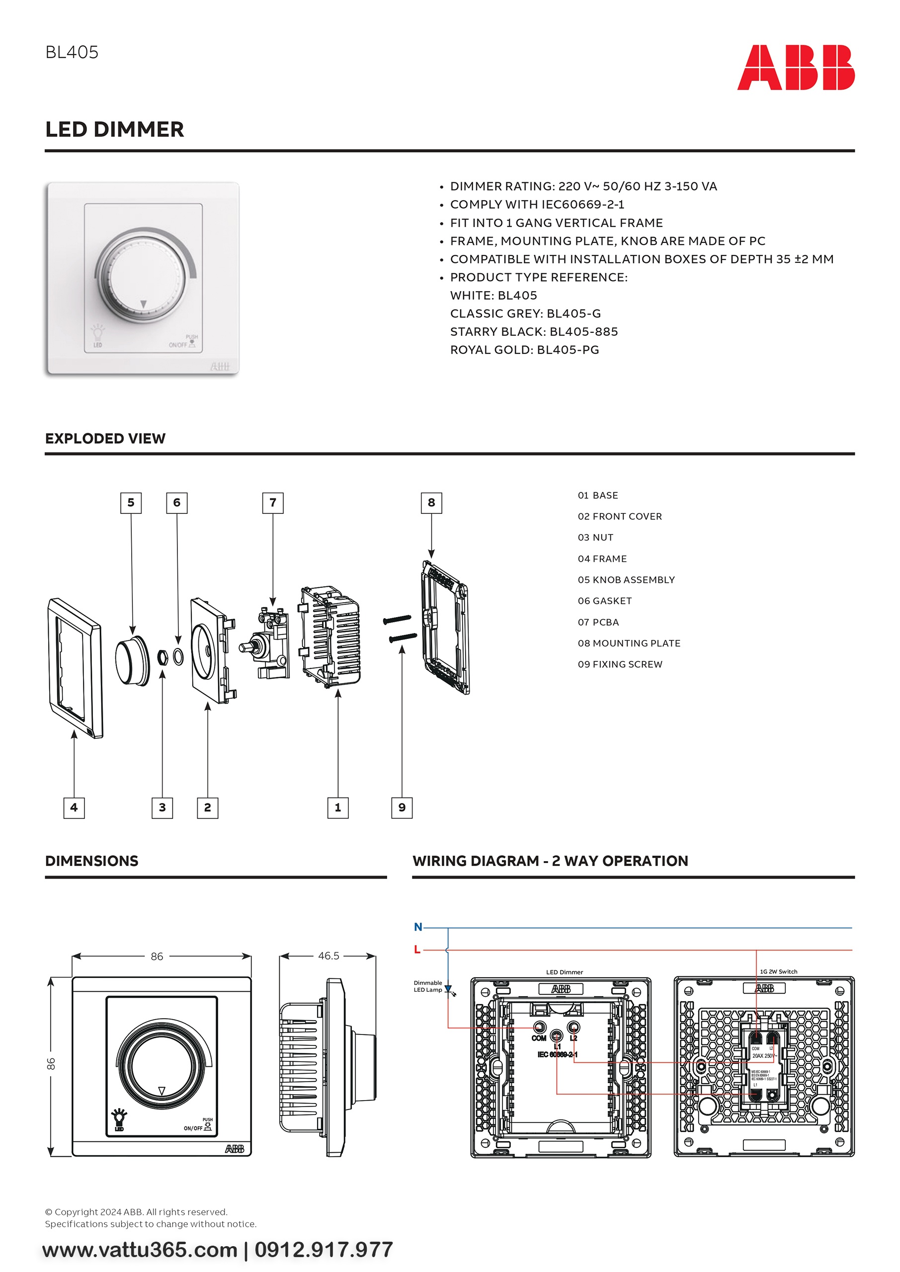 Thông số và bản vẽ kỹ thuật của Bộ LED dimmer 3-150VA 2TCZ174003R0010