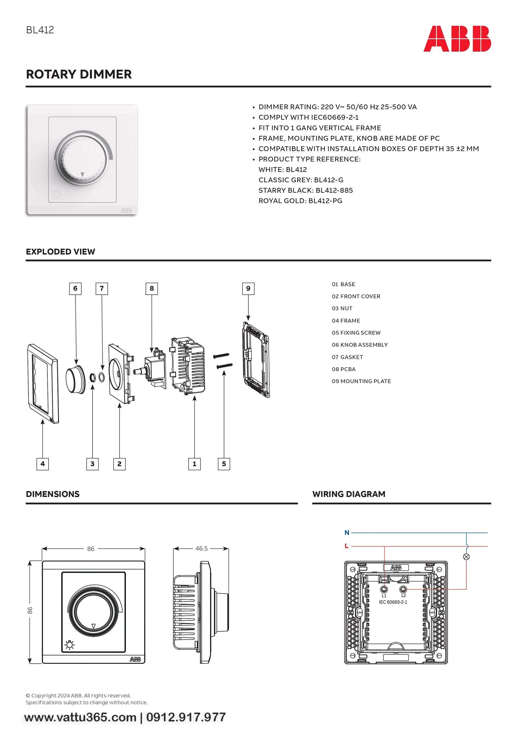 Thông số và bản vẽ kỹ thuật của Bộ dimmer 25-500VA 2TCZ174001R0010