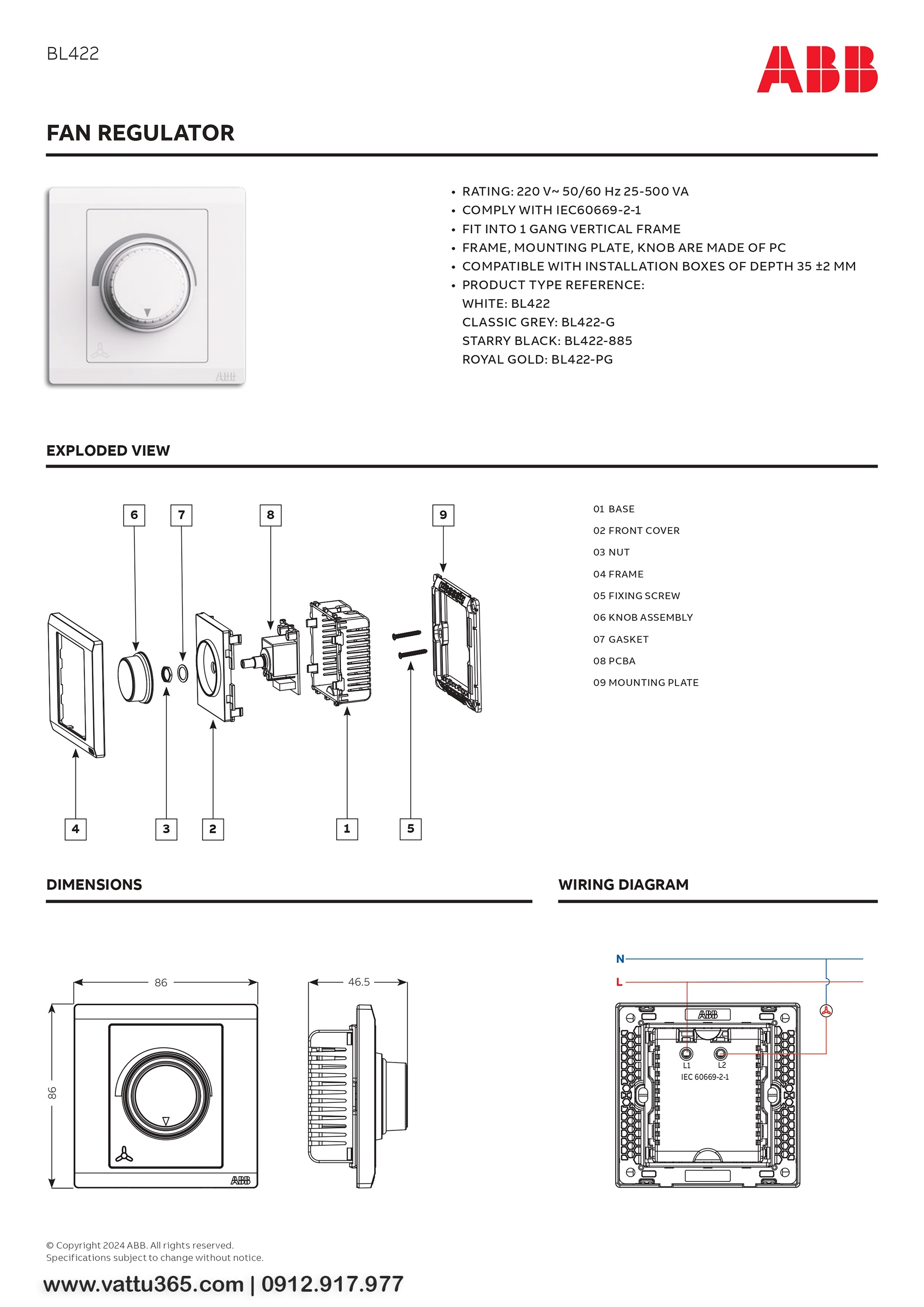 Thông số và bản vẽ kỹ thuật của Bộ công tắc điều chỉnh tốc độ quạt 25-500VA 2TCZ174009R0010