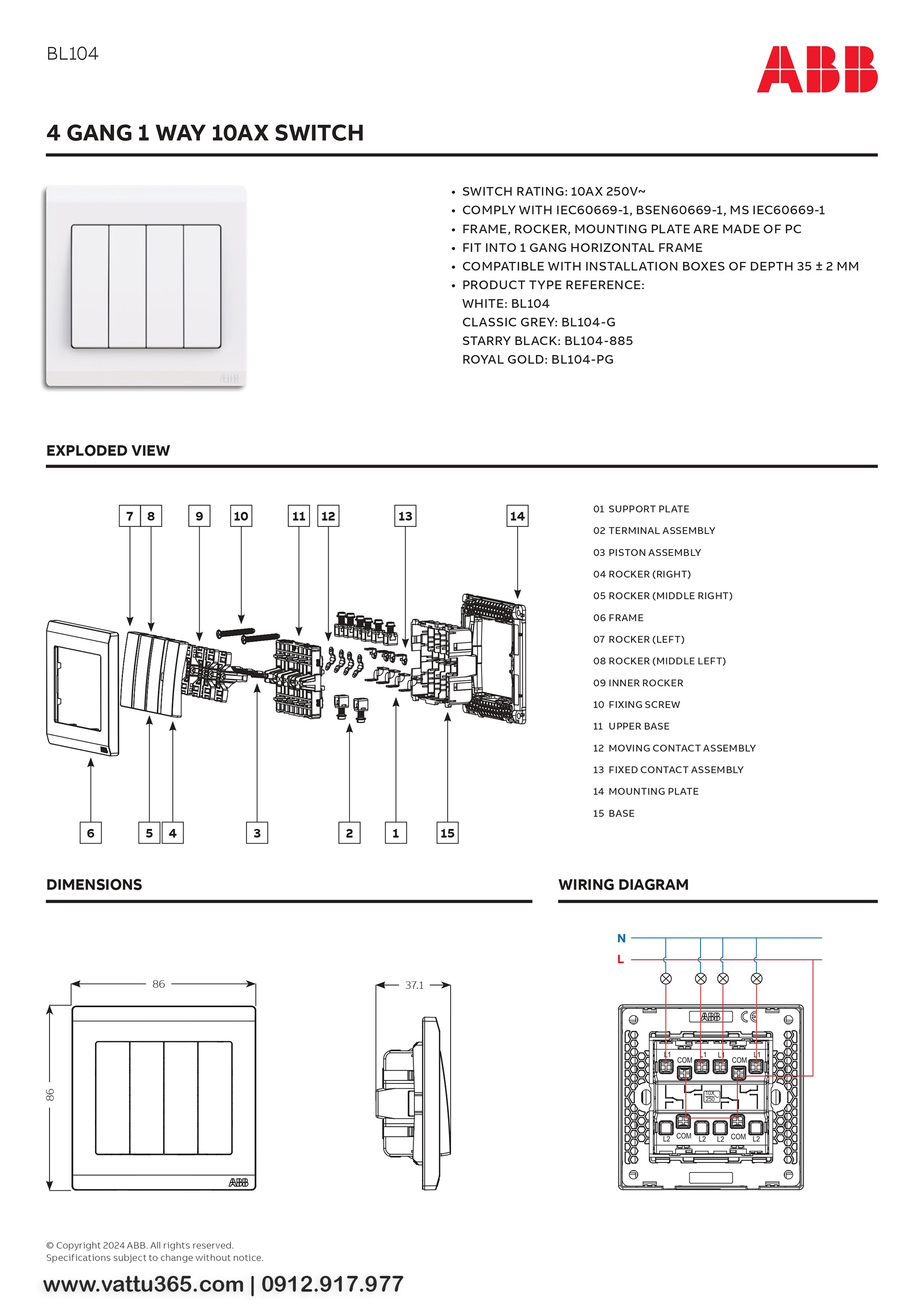 Thông số và bản vẽ kỹ thuật của Bộ công tắc bốn 1 chiều 10AX 2TCZ171007R0030