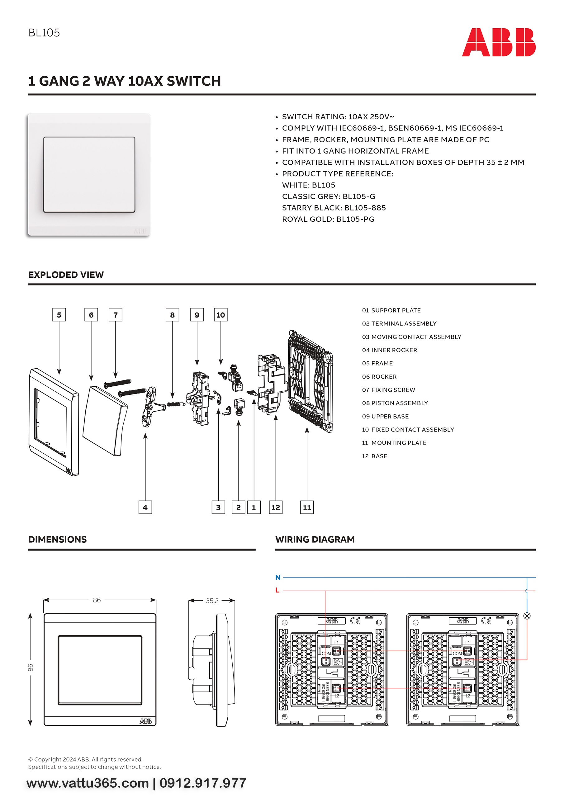 Thông số và bản vẽ kỹ thuật của Bộ công tắc đơn 2 chiều 10AX 2TCZ171002R0030