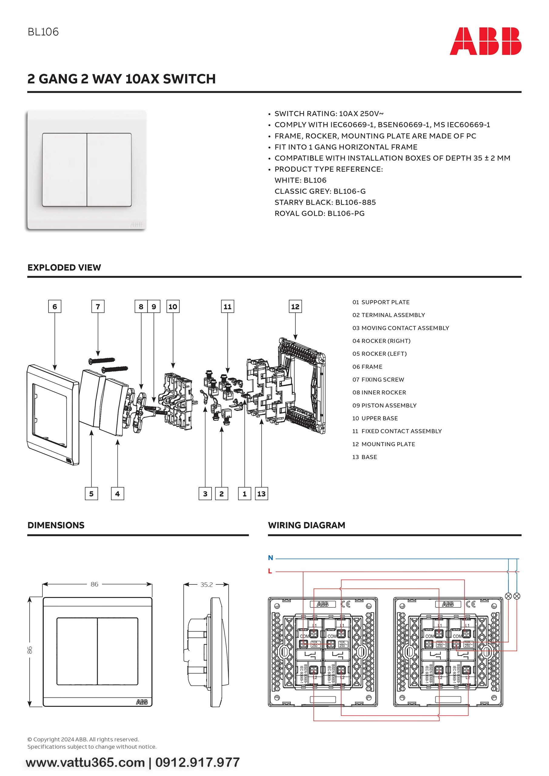 Thông số và bản vẽ kỹ thuật của Bộ công tắc đôi 2 chiều 10AX 2TCZ171004R0030