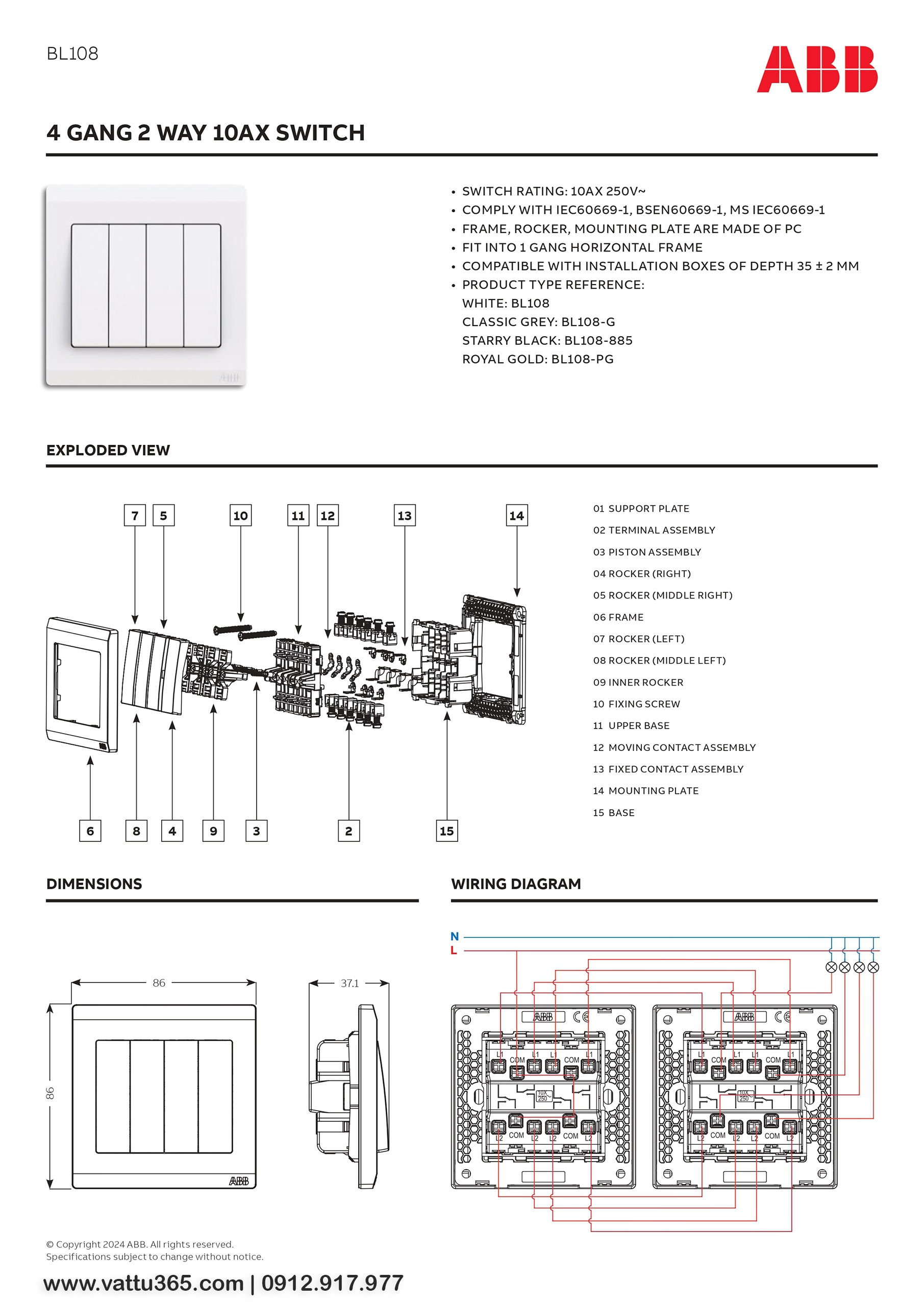 Thông số và bản vẽ kỹ thuật của Bộ công tắc bốn 2 chiều 10AX 2TCZ171008R0030