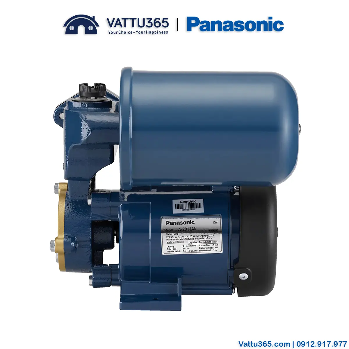 Máy bơm tăng áp Panasonic A-201JAK 200W | Dây điện 125cm + phích cắm 3 Lưu lượng nước tối đa của Máy bơm tăng áp Panasonic 200W A-201JAK đạt 45l/phút và chiều cao hút đẩy tối đa là 27m